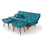 Sofá Cama Caribe 3 Lugares Com 2 Banqueta Tecido Suede Cor Azul Turquesa