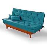 Sofa Cama Caribe 3 Lugares Reclinavel Base Em Madeira Tecido Suede Cor Azul Turquesa