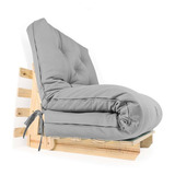 Sofa Cama Solteiro Futon Dobrável Cinza Com Base De Madeira