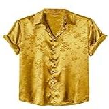 SOLY HUX Camisa Masculina Listrada De Manga Curta Casual Com Botão  Cetim Dourado  G