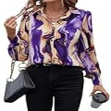 SOLY HUX Camisas Femininas Casuais De Manga Comprida Com Botões E Estampa De Mármore Estampa Roxa PP
