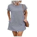 SOLY HUX Vestido Feminino Listrado Manga Curta Gola Redonda Verão Vestidos Curtos Com Bolso Listrado Azul Escuro P