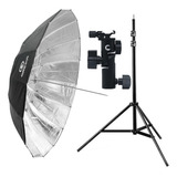 Sombrinha Grande 180cm Prata Greika Com Suporte Flash Tripe