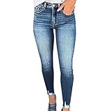 STKOOBQ Calça Jeans Feminina Com Bordas Brancas Com Babados Calças De Brim E Calças De Natal Para Mulheres Azul P