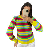 Suéter Blusa Tricot Malha Listrado Inverno Manga Princesa