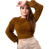 Suéter Feminino Cropped Tricot Ombro Caído Blusa Frio Tricô