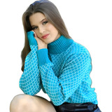 Suéter Feminino Gola Alta Tricot Manga Longa Xadrez Inverno