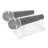 Suporte 2 Microfone Acrílico Cristal Mesa Expositor Apoiador