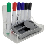 Suporte Acrílico Com Apagador E 6 Canetas Quadro Branco Kit