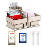 Suporte Cafe Porta Saches Kit 50 Açucar Adoçante Mexedor Cor Niquel C Aço Niquel Organizador Sachês