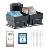 Suporte Cafe Porta Saches Kit 50 Açucar Adoçante Mexedor Cor Preto Aço Onix Organizador Sachês