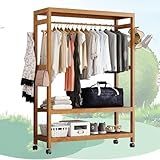 Suporte De Cabide Aberto Com Guarda Roupa De 4 Rodas Com Prateleiras Roupas De Bambu Penduradas Em Trilho Para Enrolar Roupas Prateleiras Organizador De Armazenamento Para Quarto Entrada