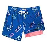 SURF CUZ Calção De Banho Masculino Com Forro De Compressão 2 Em 1- Calções De Banho De Secagem Rápida- Roupa De Banho Com Bolsos Com Zíper- Grafite Neon Azul- M