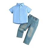 Suspensórios Gravata Borboleta Criança Pequena Ternos De Bebê Menino Verão Azul Camisa De Manga Curta Lavada Jeans