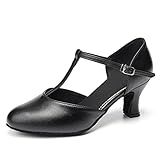 SWDZM Sapatos De Dança Femininos Com Tira Em T Bico Fechado Personagem De Salão Latino Sapatos De Dança Modelo KM888 Sola De Camurça Km301 Salto Preto De 2 1 7 6 Cm 34