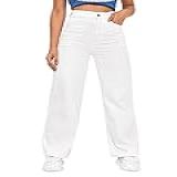SweatyRocks Calça Jeans Feminina Casual De Cintura Alta Rasgada Coxa Dividida Perna Larga Jeans Cintura Elástica Branca G