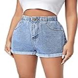 SweatyRocks Short Jeans Feminino Casual Cintura Alta Perna Larga Bainha Punho Zíper Jeans Shorts Lavagem Leve GG