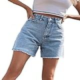 SweatyRocks Short Jeans Feminino Cintura Alta Perna Reta Bainha Crua Shorts Jeans Verão Calças Quentes Com Bolsos Lavagem Leve M