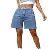 SweatyRocks Shorts Jeans Feminino Casual Cintura Alta Perna Reta Bainha Bruta Shorts Jeans Azul Médio G