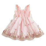 SYOKUP Vestido Infantil Para Meninas- Bordado Borboleta- Tule Com Babados- Rosa- 6-12 Meses