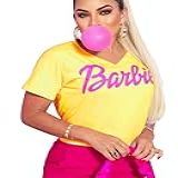 T Shirt Baby Look Blusa Viscolycra Rosa Pink Gola V Coleção Estampa Barbie Cor:amarelo;tamanho:gg