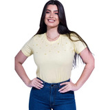 T-shirt Feminina Aplicação De Pérolas - Cor Amarelo Bebê