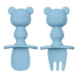 Talher Infantil Kit Garfo Colher Silicone Ursinho Azul Buba