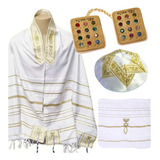Talit Gadol Judaico Branco ouro Bolsa Prendedor Kipá