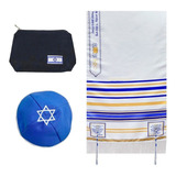 Talit Messiânico Nacional Azul C Tzitzit Kipá Azul Bolsa