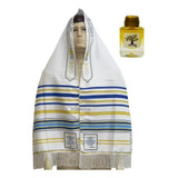 Talit Messiânico Nacional Azul Tzitzit Óleo Israel Unção