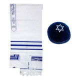Talit Ortodoxo Azul Com Prata Kipá De Israel
