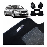 Tapete Carpete Peugeot 308 2010 2011 2012 2013 2014 2015 2016 2017 2018 5 Peças Preto Bordado Com Logomarca