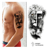 Tatuagem Temporária Masculina Realista   Leão Jesus Cruz 3d