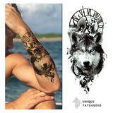 Tatuagem Temporaria Masculina Realista Lobo Relógio Romano