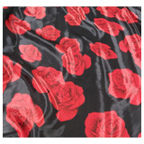 Tecido Cetim Estampado Fundo Preto Rosas Vermelhas