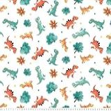 Tecido Tricoline Estampado Dinossauros T-Rex- 150cm X 50cm- Caldeira- Tecido Infantil Em Branco Com Estampa Colorida