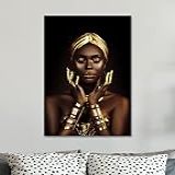 Tela Quadro Mulher Negra Africana Dourado Decoração Quarto Sala Escritório 100x60cm