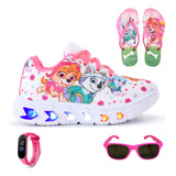 Tênis Infantil Feminino Luzes Led Patrulha Canina Brindes