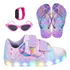 Tênis Infantil Led Feminino Sereia + Chinelo Óculos Relógio