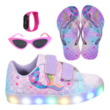 Tênis Infantil Led Feminino Sereia Chinelo Óculos Relógio