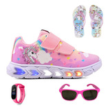 Tenis Led Infantil Unicornio Meninas Chinelo Oculos Relogio