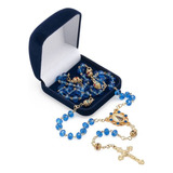 Terco Cristal Vidro 6mm Azul Dourado Nossa Senhora Aparecida