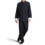 Terno Masculino De Algodão E Linho Kung Fu Uniforme De Artes Marciais Chinesas Traje De Meditação Manga Roll Up Botão Sapo Camisa Calça Roupa Preto Large