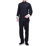 Terno Masculino De Linho Kung Fu Tradicional Chinês Uniforme De Arte Marcial Manga Longa Mandarim Jaqueta Calça Tai Chi Conjunto  N  124  Preto  G