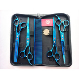 Tesoura Pet De Tosa Kit De 4 Tesouras E 1 Pente Blue Tubarao