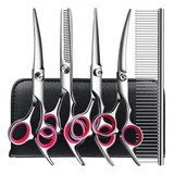 Tesoura Pet E Reta Curva Tosa Kit Petshop Profissional 5pcs