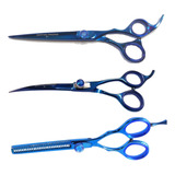 Tesouras Maryam 7 Kit 3 Reta Curva Semi Dentada Aço 420
