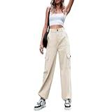 THWEI Calça Cargo Feminina Cintura Alta Perna Larga Casual Calça Urbana Com 6 Bolsos- Bege- PP