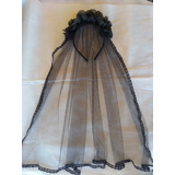 Tiara Fantasia Halloween Véu Preto Viúva Negra Renda Flores