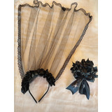 Tiara Halloween Véu Preto E Buque De Flores Viúva Negra